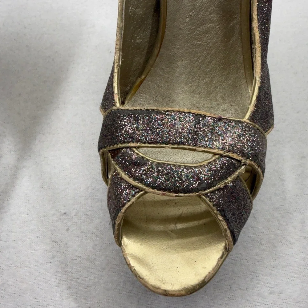G By Guess Glitter Peep‎ Toe Platform Stiletto Heels Sparkly Gold Working Club